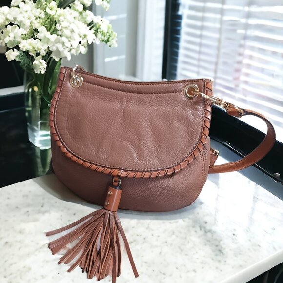 Michael Kors Western Pebbled Leather Whip Stitch Tassel Saddle Bag Crossbody - Picture 1 of 15